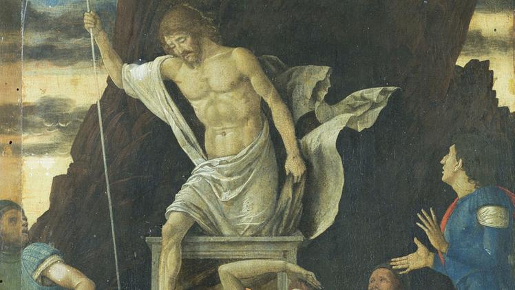 La «Resurrezione di Cristo» di Mantegna: nel cerchio rosso la croce che ne certifica l’attribuzionePaola Artoni (a destra) e i rilievi sul dipinto