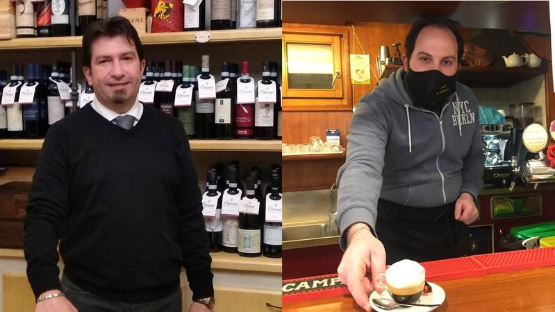 Giorgio Perina alla bottiglieria Corsini. Emanuele Cobel serve un caffè al Buseto.