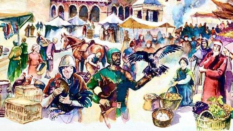 Dante affascinato dal mercato di piazza Erbe ai tempi del Trecento, sullo sfondo la Domus Mercatorum
