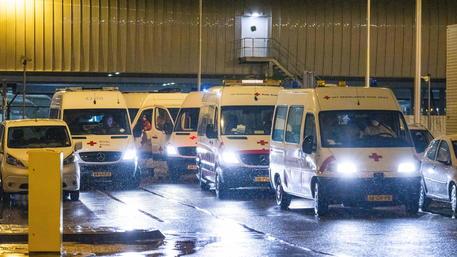 Ambulanze all'aeroporto Schipol di Amsterdam, dove sono atterrati 61 passeggeri positivi in arrivo dal Sudafrica (Ansa/Epa)