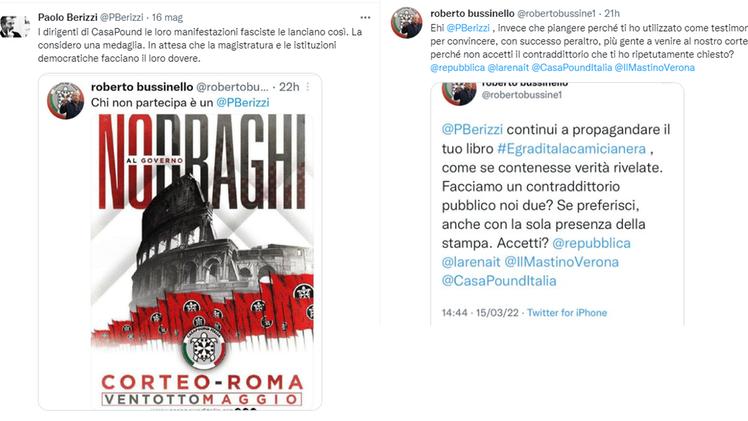 Botta e risposta su Twitter tra il giornalista Paolo Berizzi e il leader di Casapound Verona, Roberto Bussinello