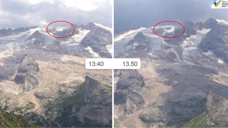 Le immagini prima e dopo il crollo del ghiacciaio dalle telecamere di Porta Vescovo Dolomiti Resort