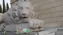 Uno dei leoni all'ingresso del cimitero monumentale: ai suoi piedi, i rifiuti abbandonati