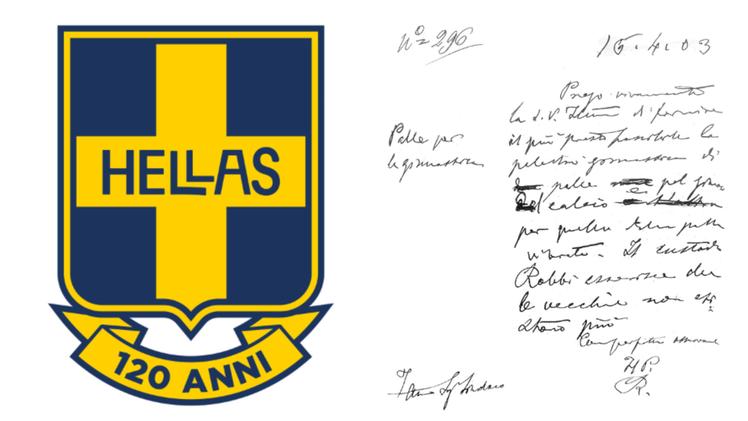 Il logo per i 120 anni dell'Helals e il documento, datato 16 aprile 1903 e firmato da un collaboratore del liceo Maffei, che contiene un ordinativo per “palle pel gioco del calcio”